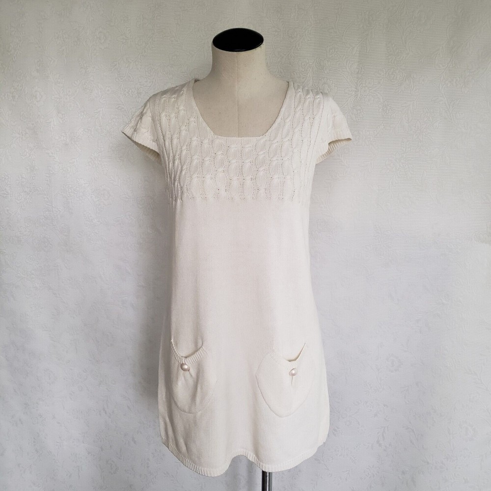 Forever Twenty One Ivory Cream Color Knitted Sweater Top Size M Cap Sleeves
